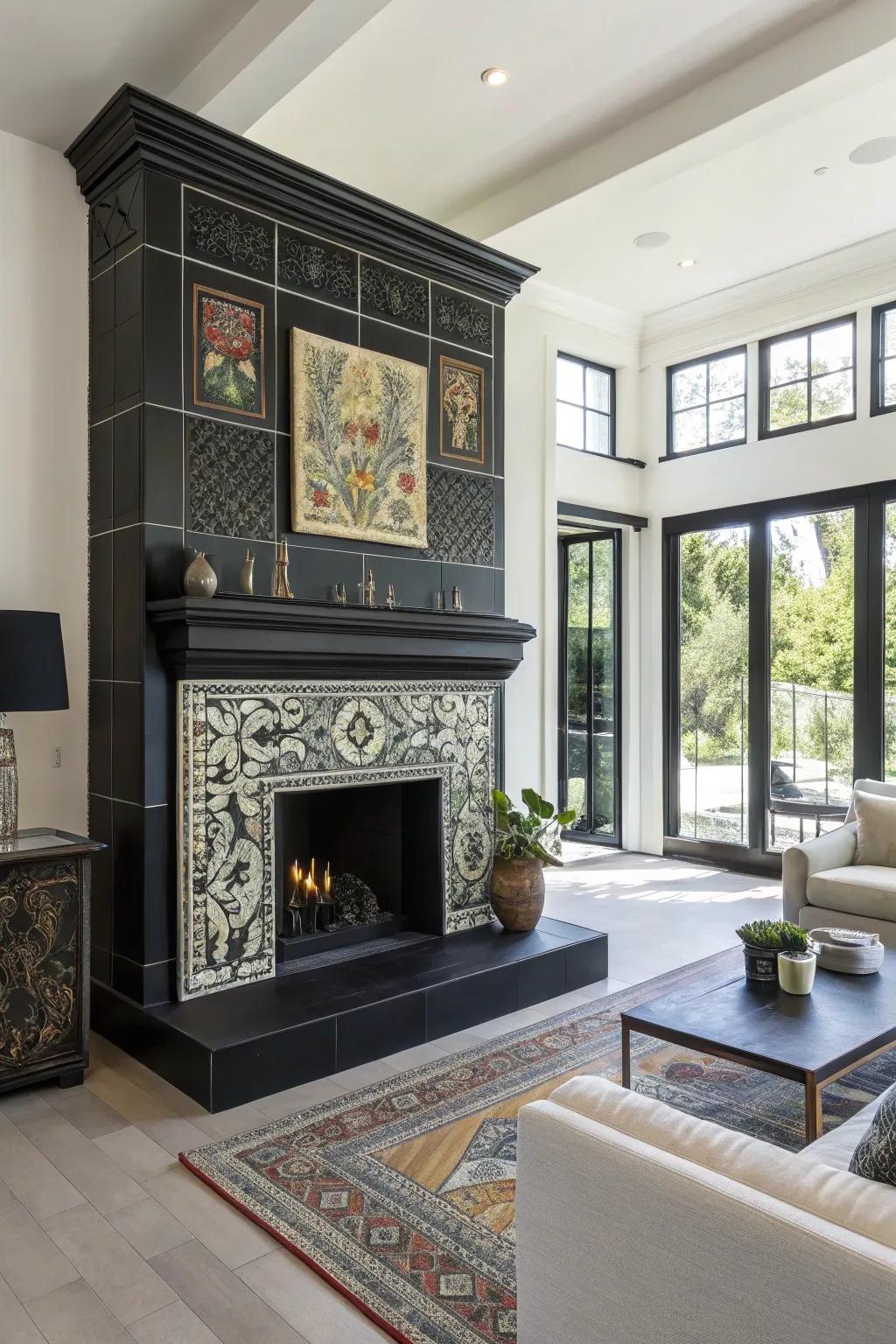 Render an artistic declaration through creatively patterned dark tiles.