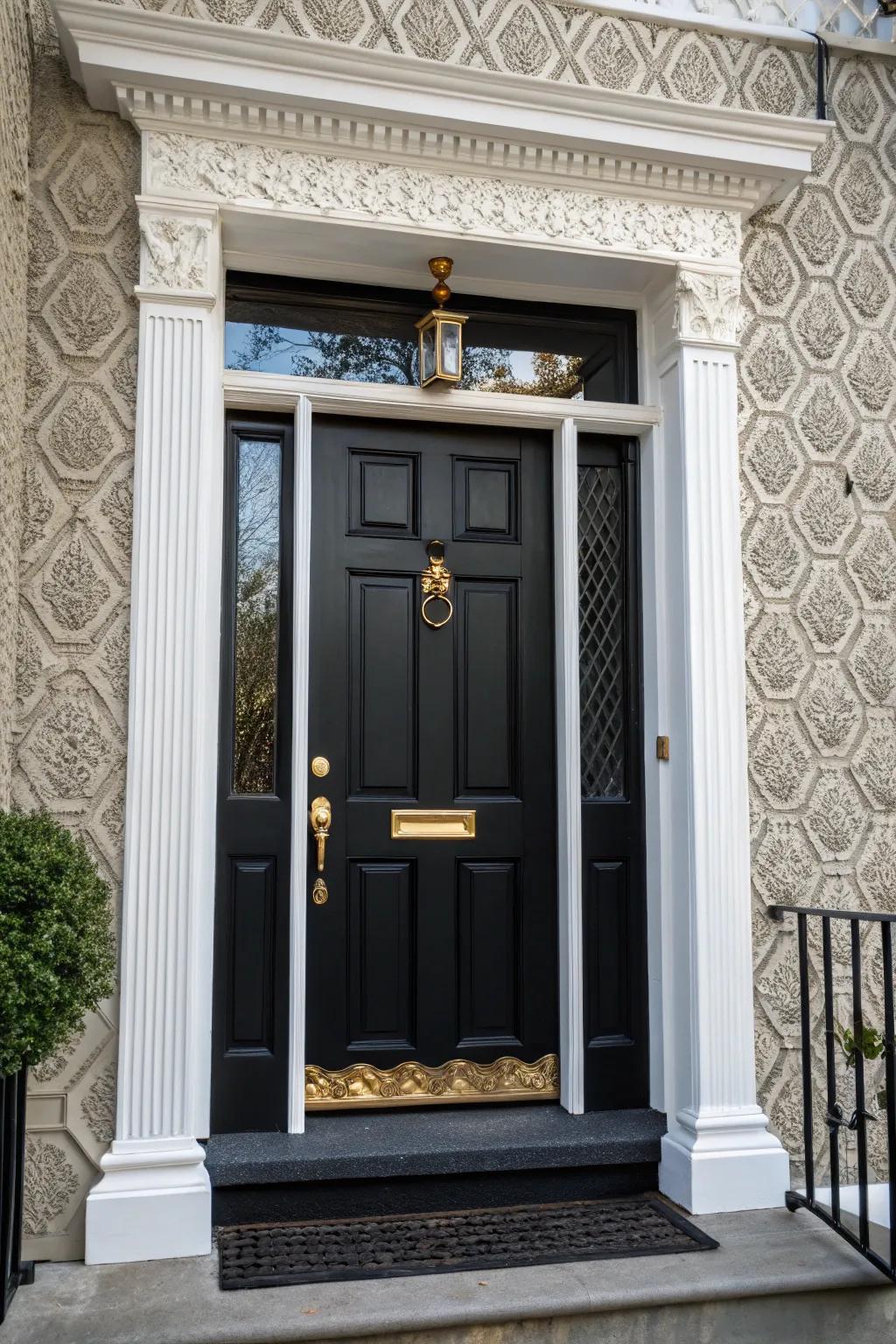 Sizable brass hardware lends a hint of luxury to a black door with white trim.