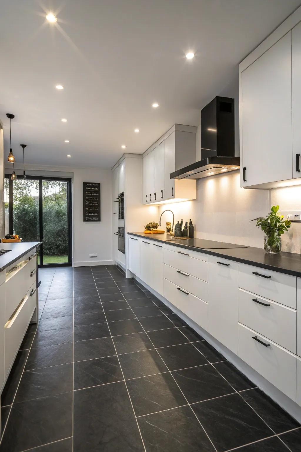 A kitchen elegantly featuring flat dark floor tiles with a subtle finish.