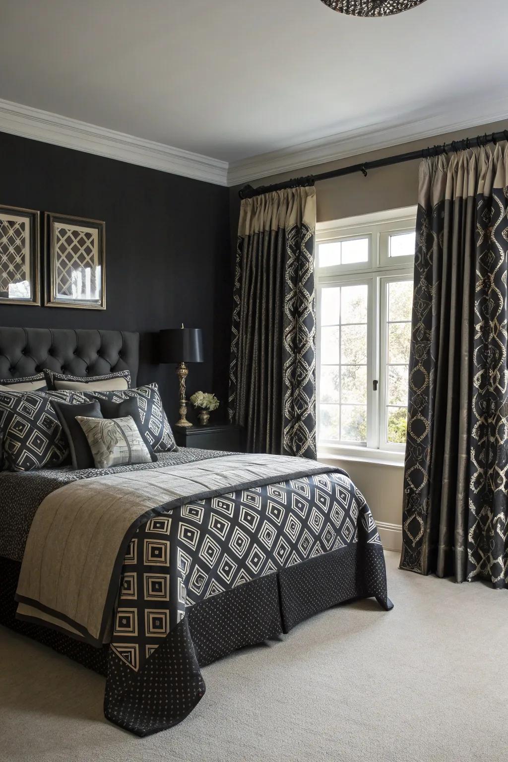 Blending designs can impart depth to a monochromatic room.