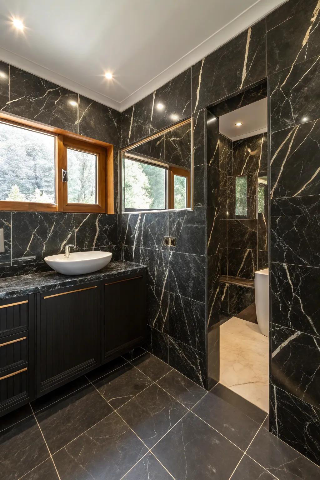 Dark marble squares carry timeless panache to this bathroom.