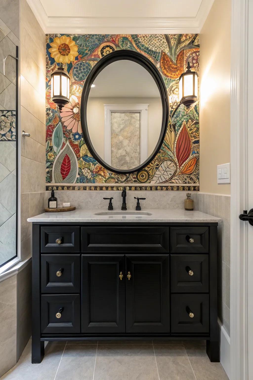 Mosaic tiles create a stunning backdrop for a dark washstand, adding artistic charm.