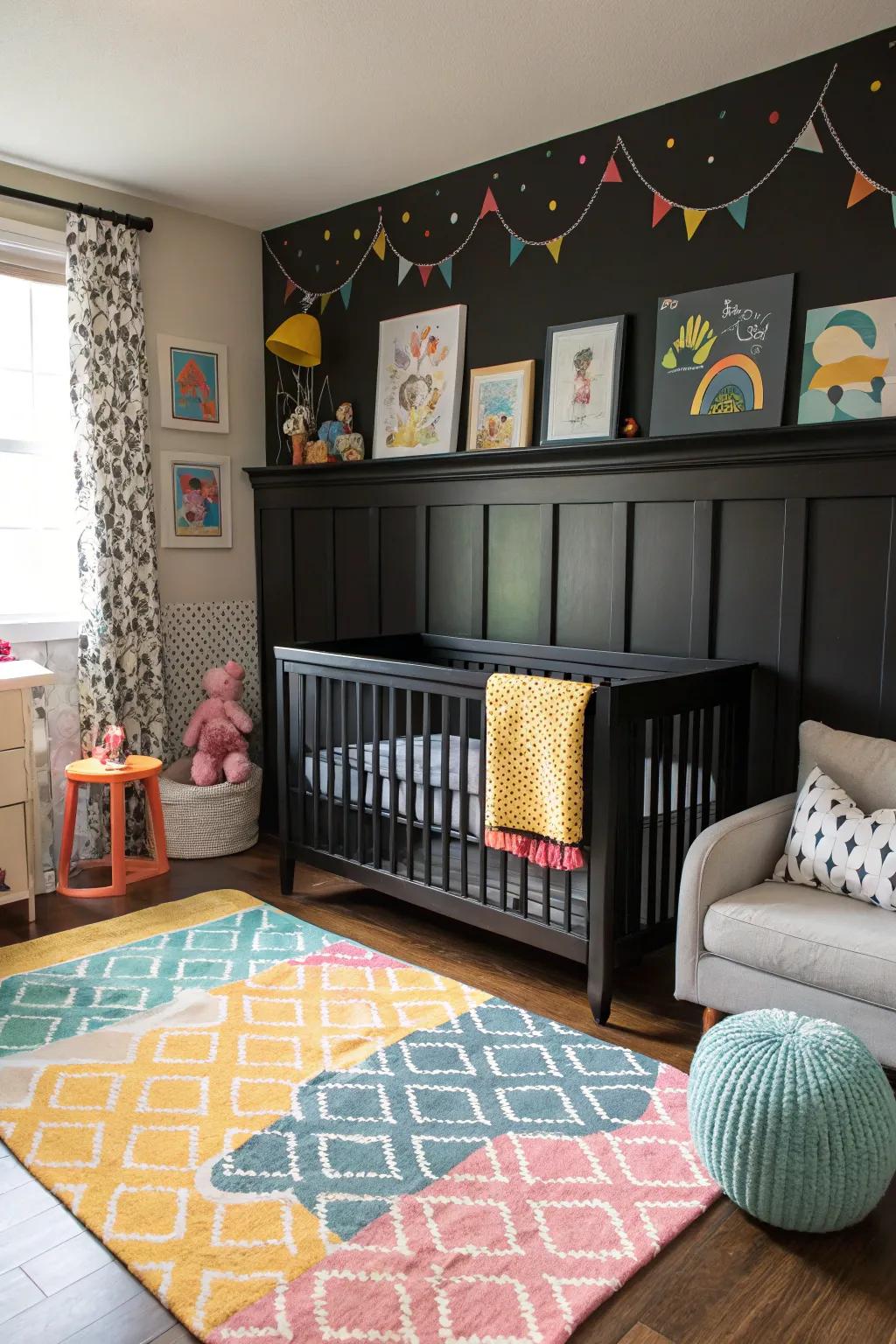 Chic nursery with modern dark-toned wood panels.
