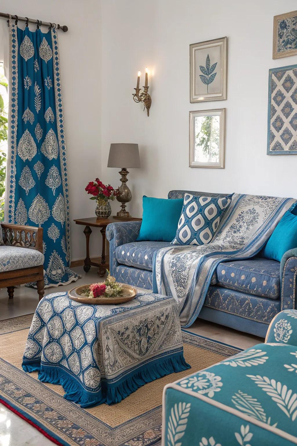 Blue patterns with silver highlights bring vibrancy to this sophisticated living room.