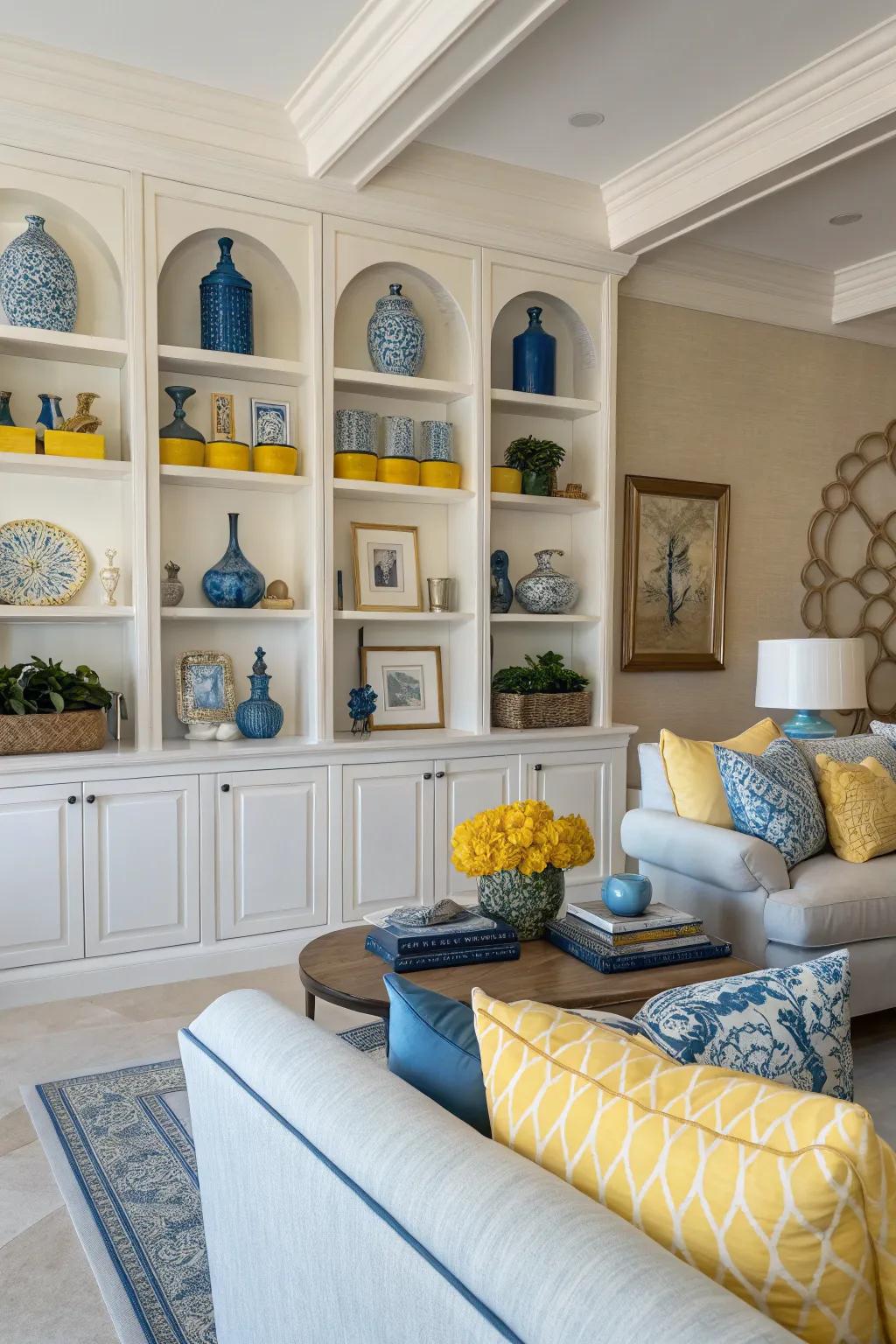 Shelves styled with cerulean and golden accessories for an elegant highlight.