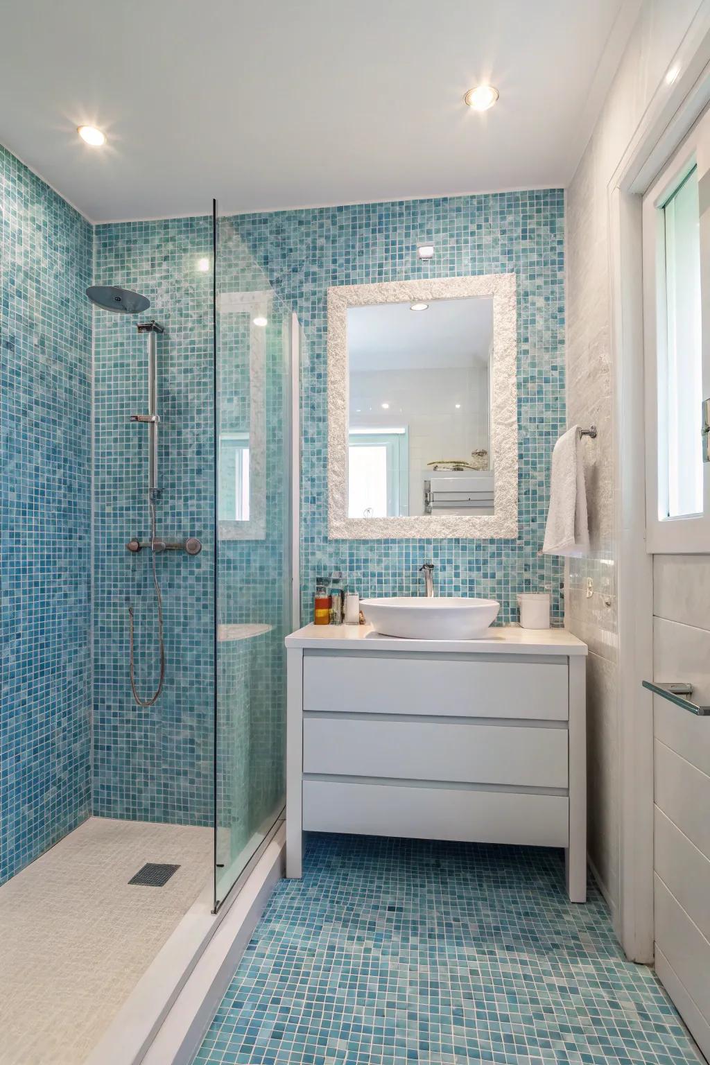 Blue mosaic tiles fashion an artistic and Mediterranean vibe.