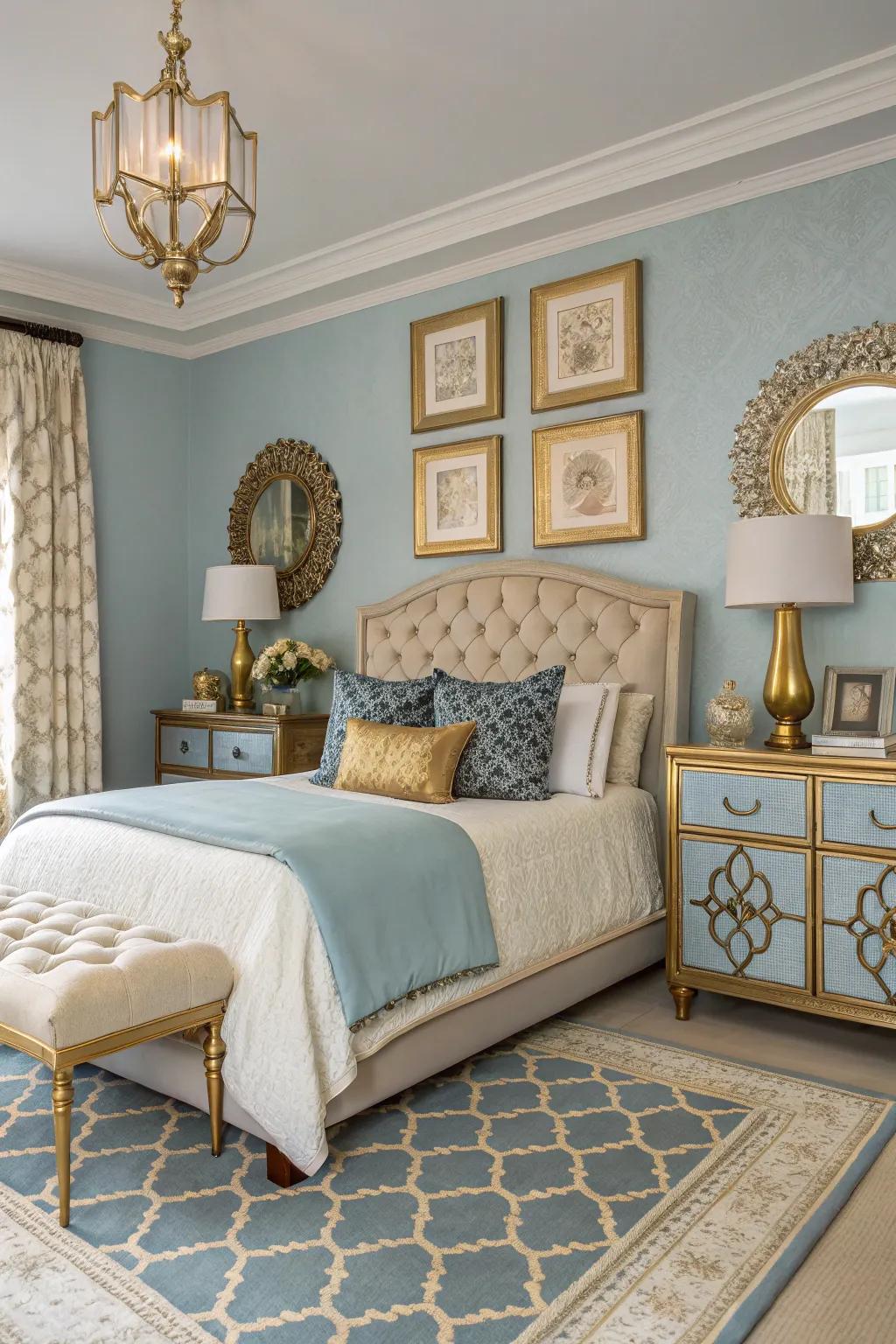 Gilt accents inject warmth into blue tones.