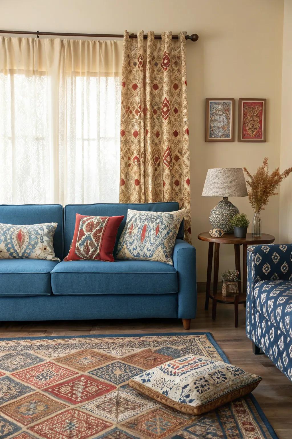 Graphic elements add dynamic interest to a cerulean settee setting.