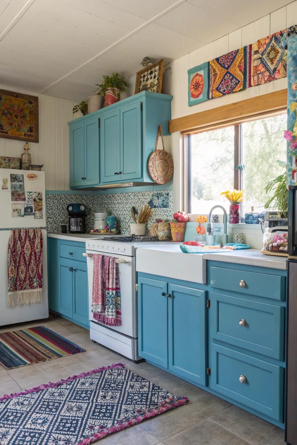 An eclectic mix of azure shades in cabinets creates a vibrant and personalized kitchen space.