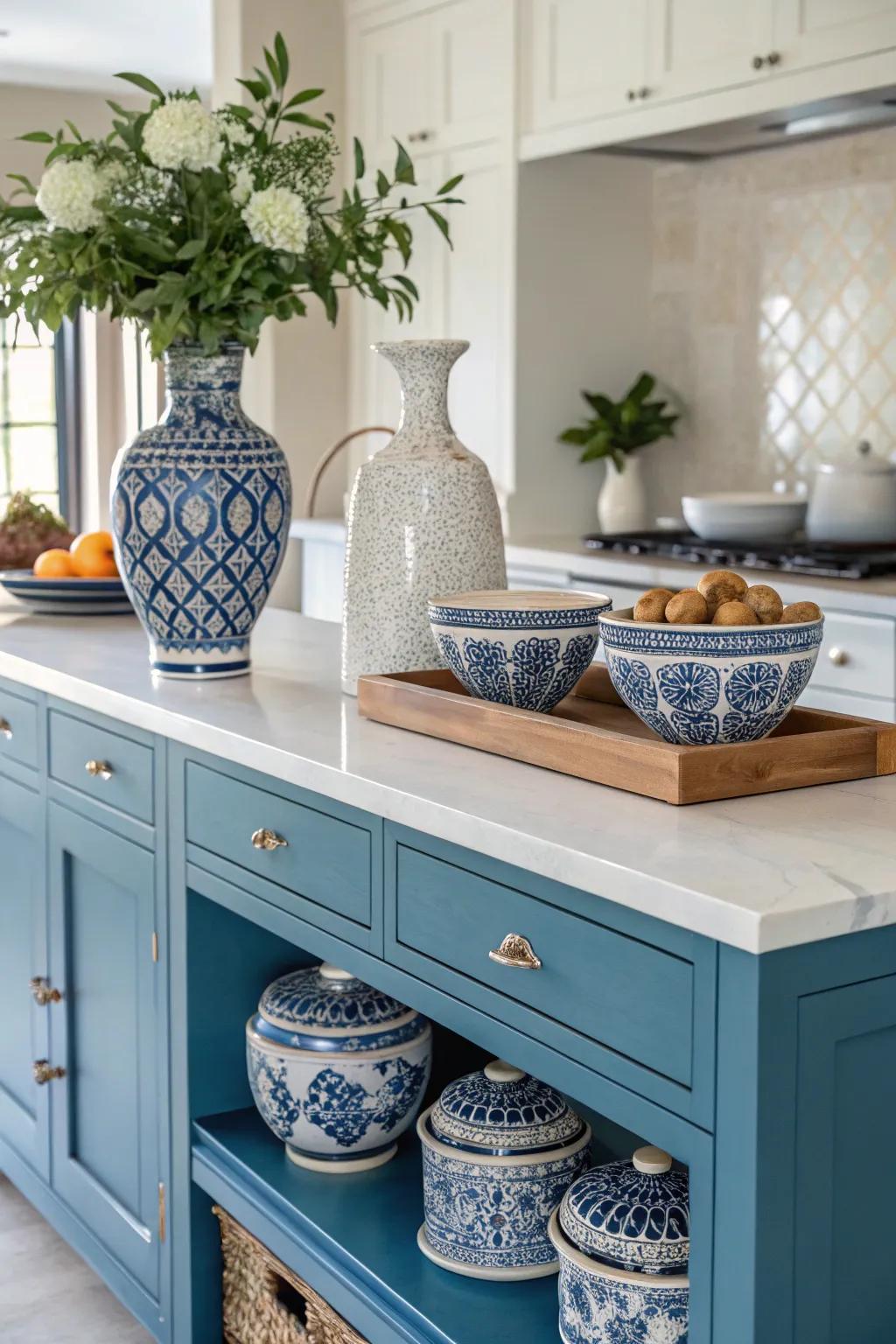 Decorative accents personalize the cerulean cooking hub's aesthetic.