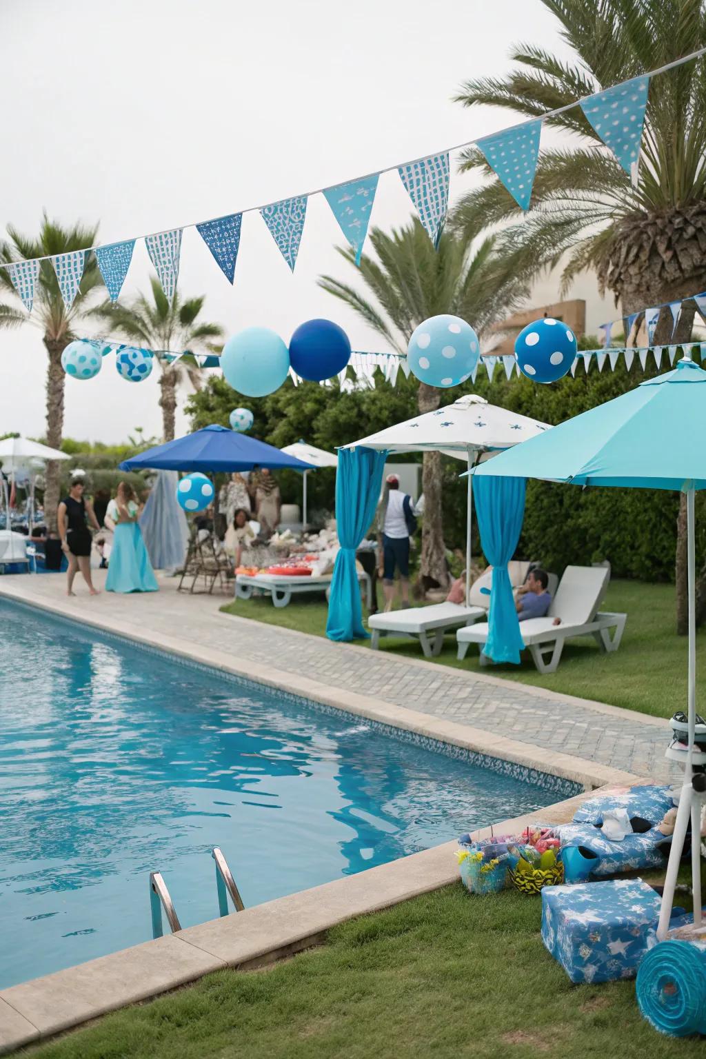 An azure-themed poolside celebration setting, perfect for summer enjoyment.