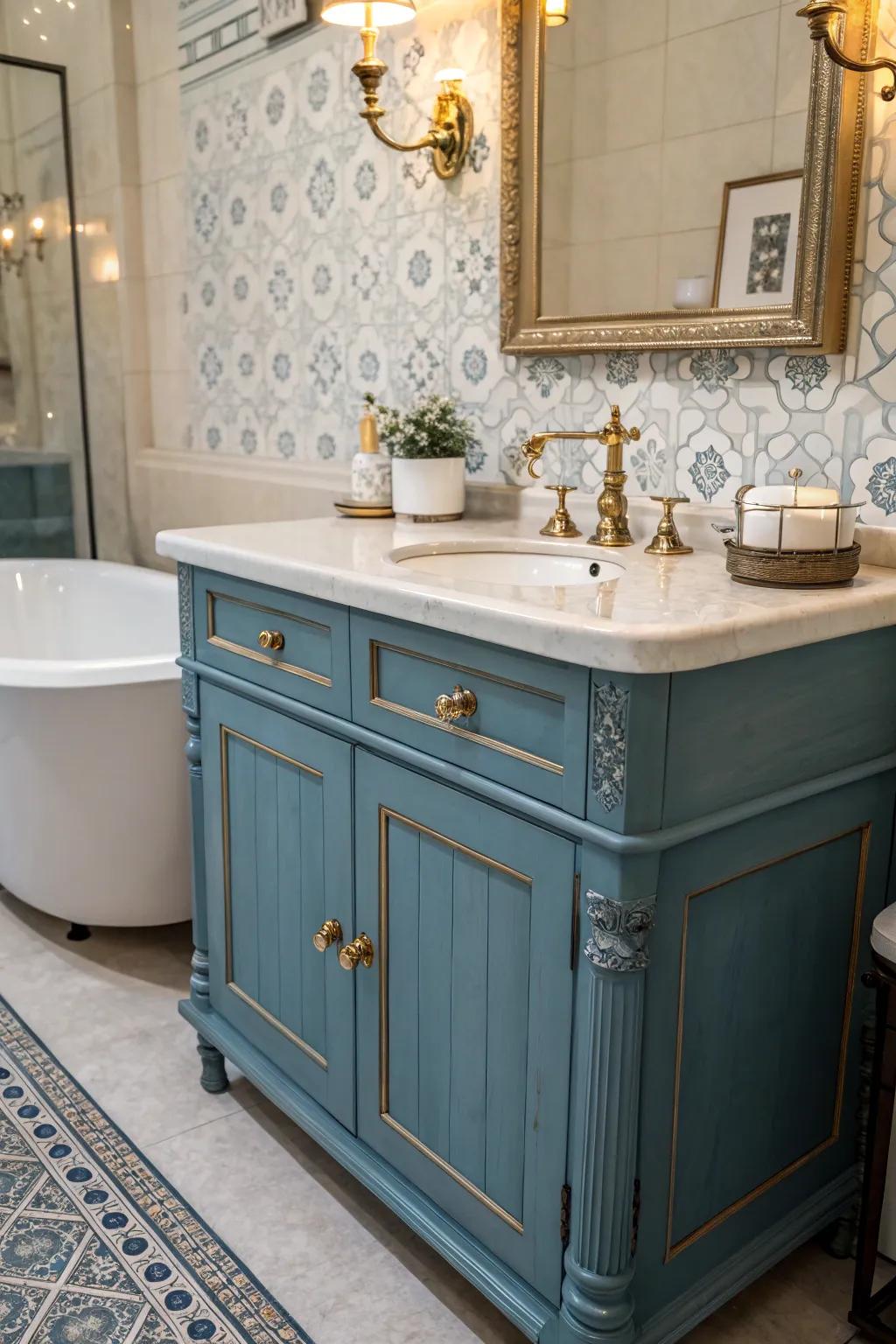 Vintage allure bestows timeless charm upon a blue vanity.