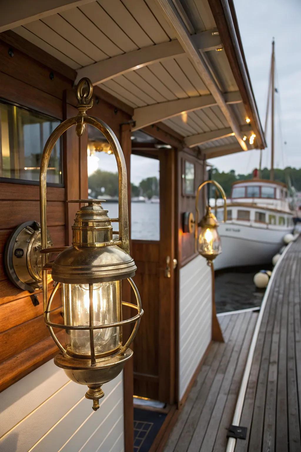 Nautical brass fixtures bestow an opulent and resilient hint to the boat house.