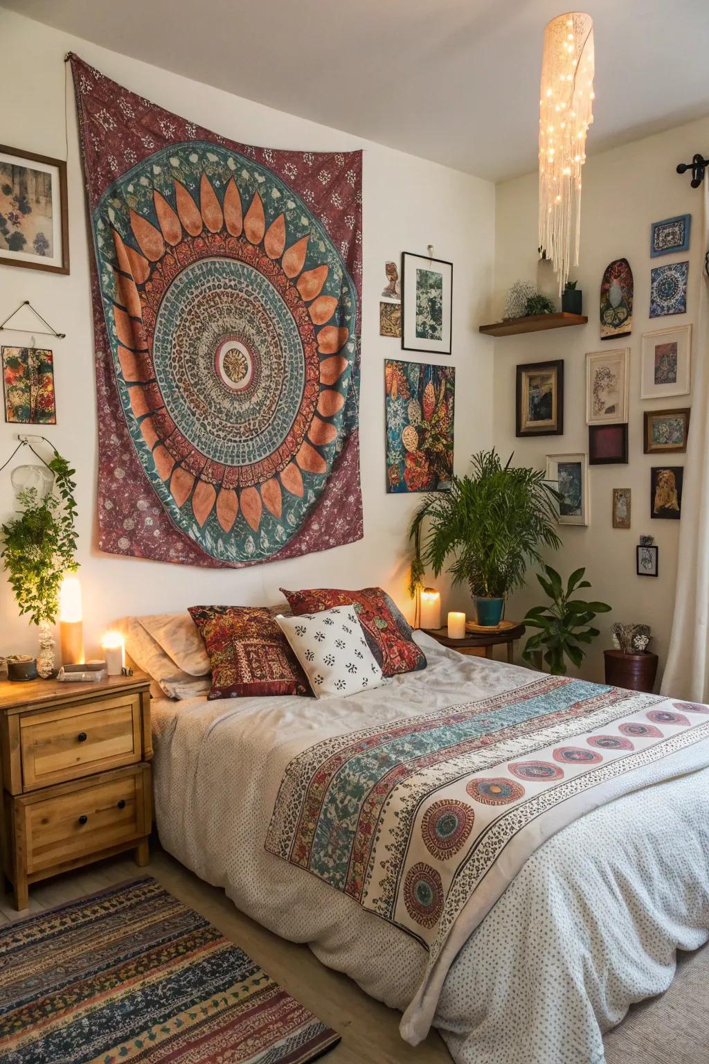 Eclectic art introduces personality and flair to boho bedrooms.