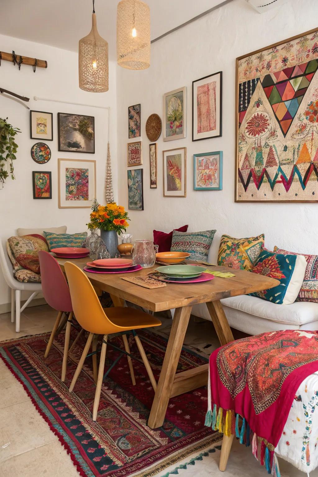 Colored touches injecting intrigue into a boho dining space.