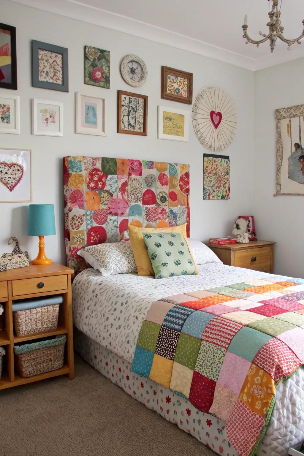 Textile collage fabrics bring vibrant colors and patterns to this headboard.