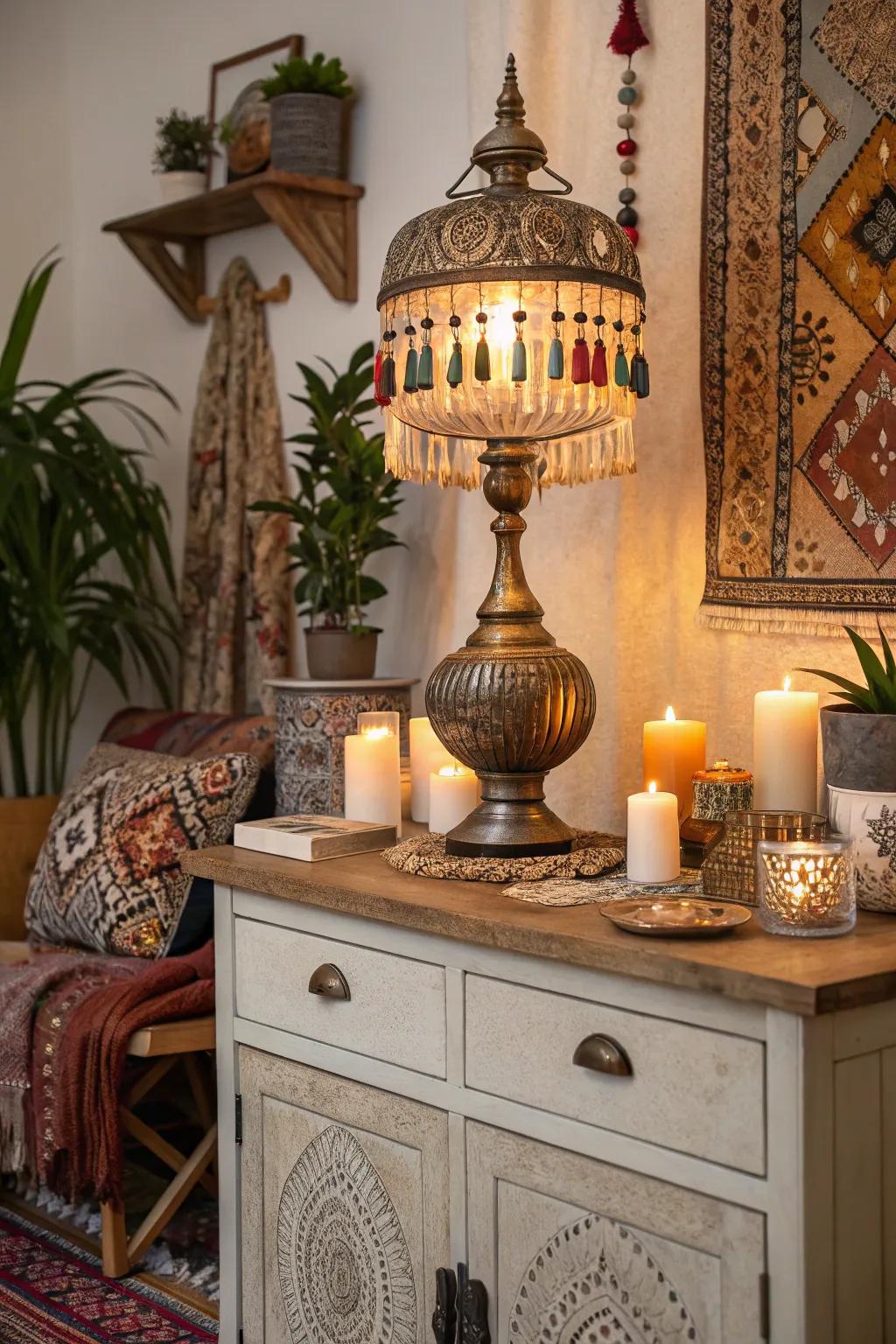 The brushed boho lamp imparts a dash of glam along this sideboard.