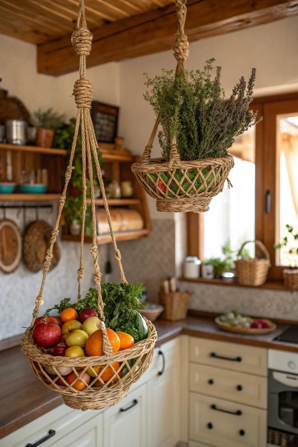 Suspended baskets provide handy and fashionable storage.