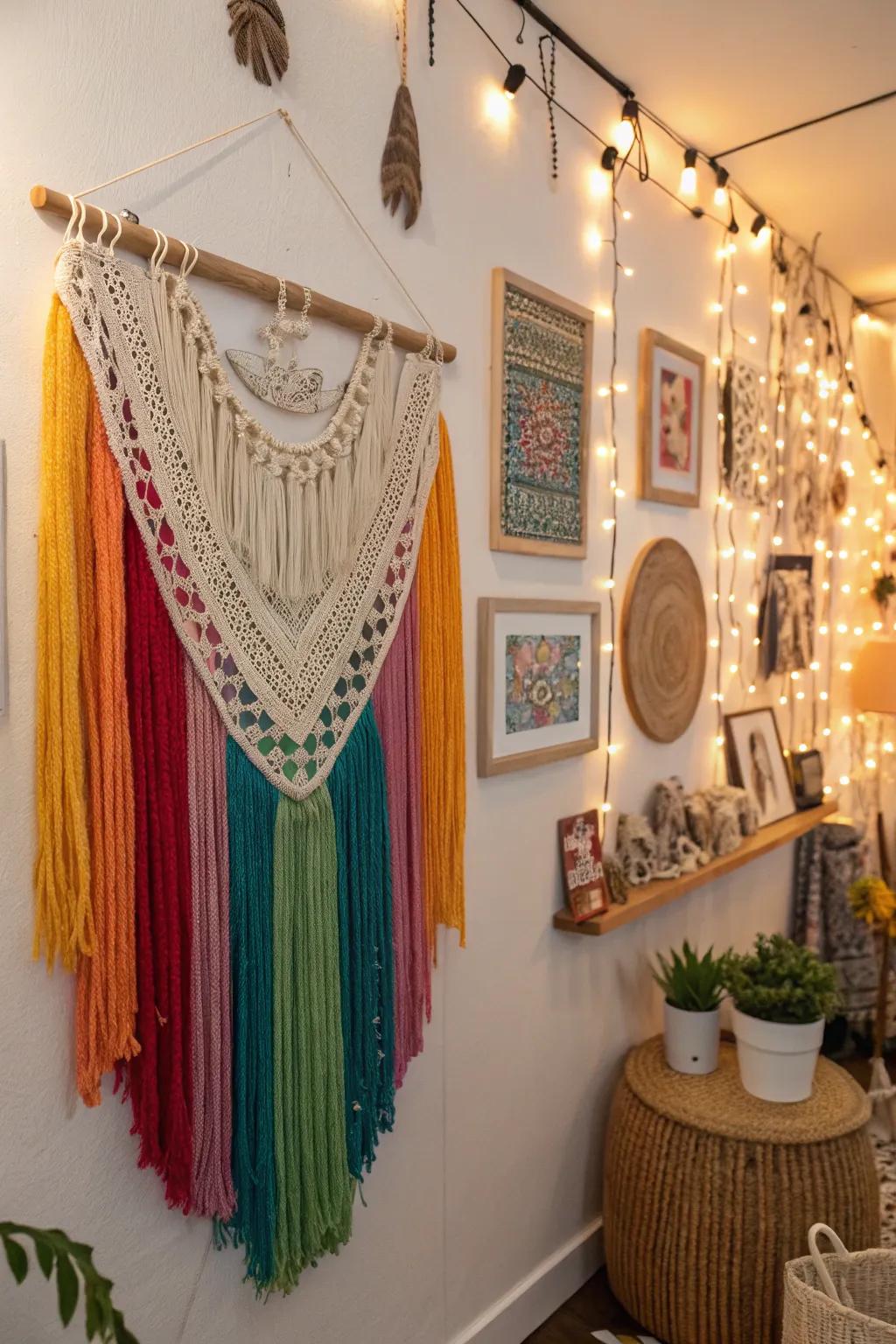 Edges and knots introduce texture and bohemian panache to this wall.