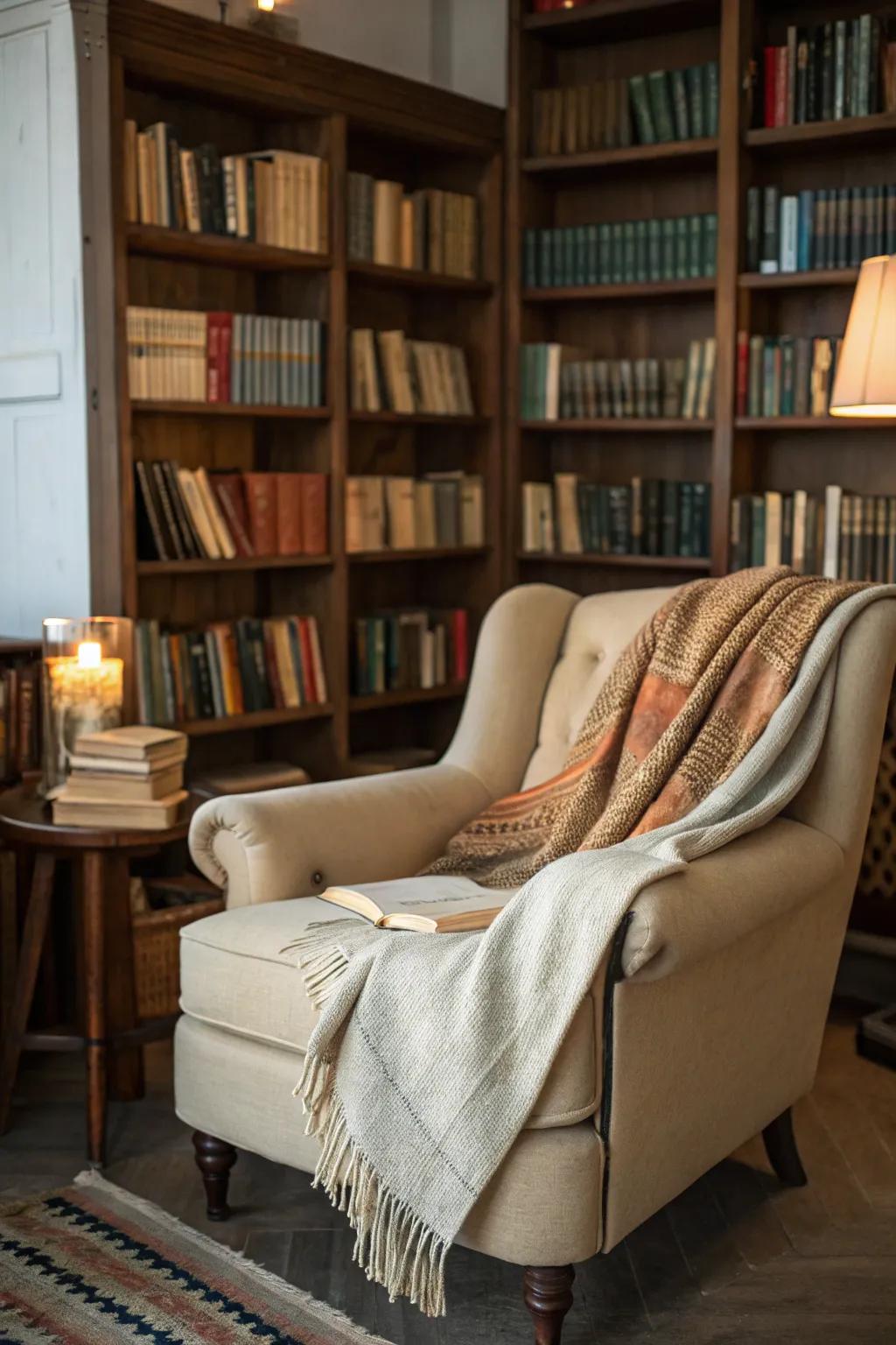 An inviting setting encourages relaxation and reading.