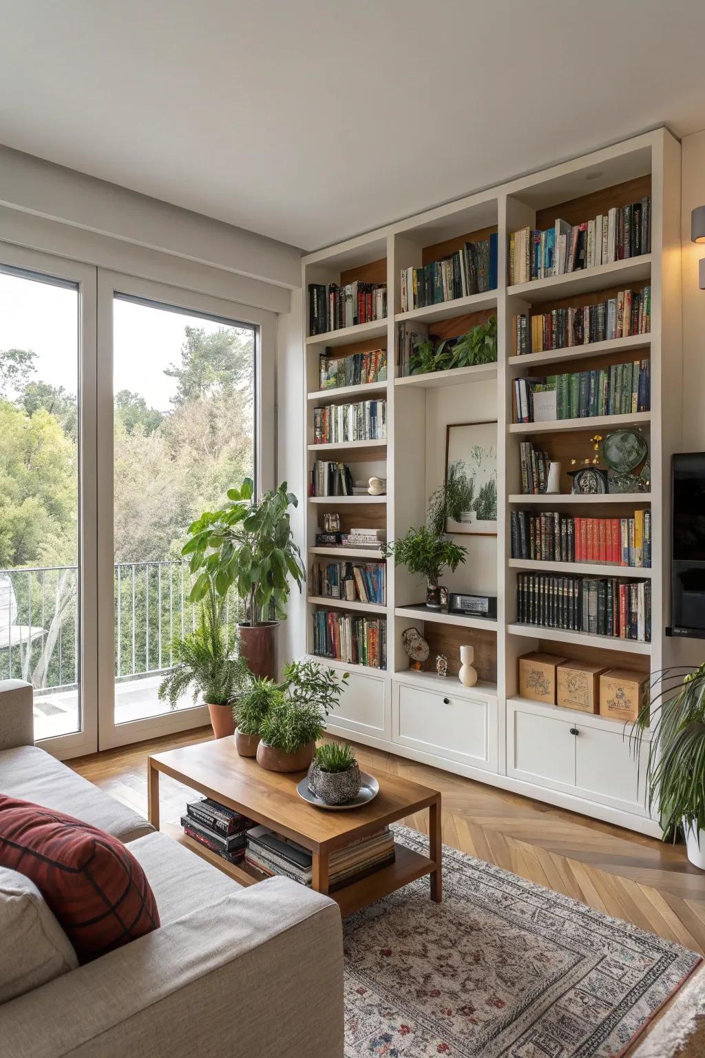 A bookshelf that enhances and corresponds with the parlor's decor.