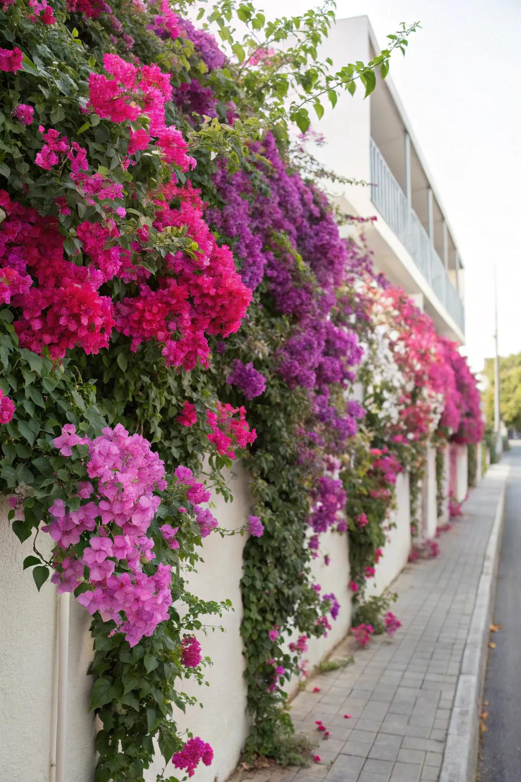 A vertical garden showcasing bougainvillea's cascading hues.