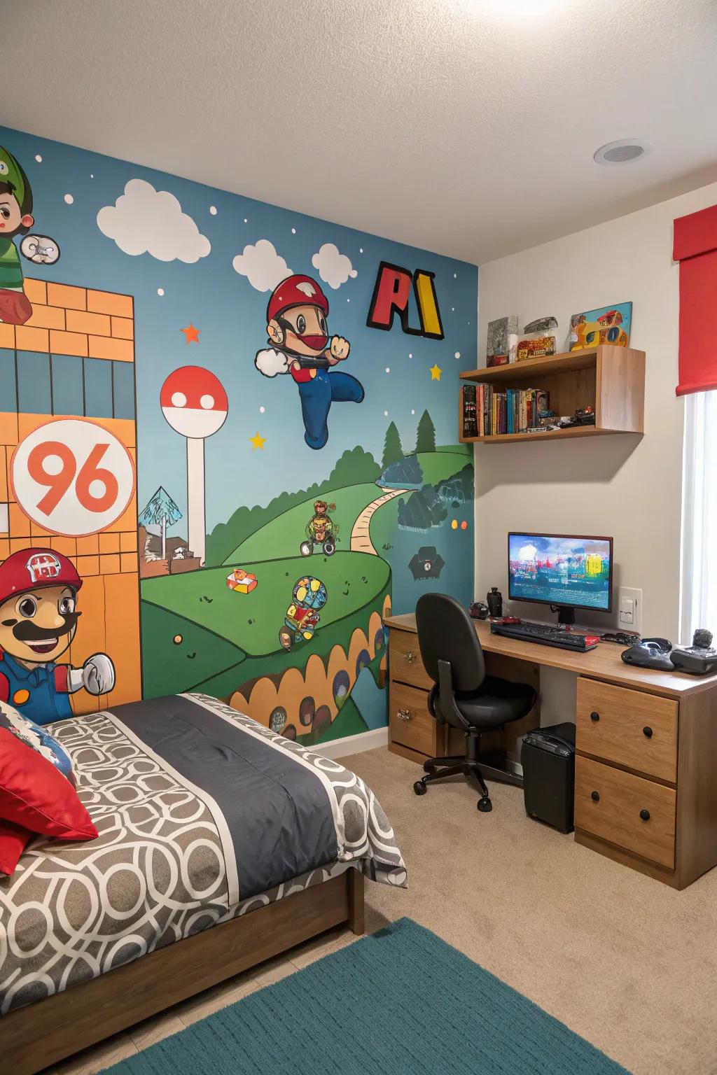 A personalized wall mural introduces a unique and strong touch to the space.