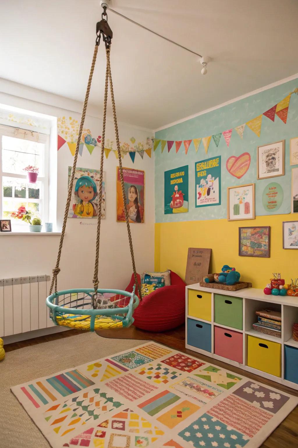 An indoor swing that infuses joy and relaxation within the playroom.