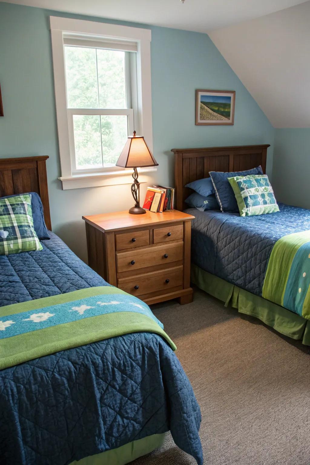 A shared bedside stand encourages a sense of togetherness.