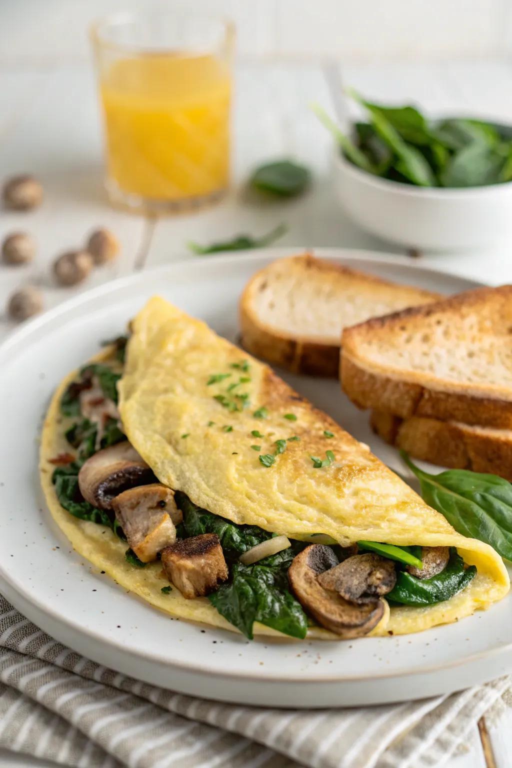 A classic omelet brimming with fresh spinach and earthy mushrooms.
