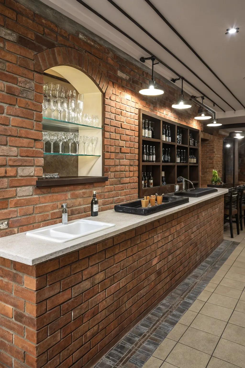 A small sink adds practicality to a brick wall bar.
