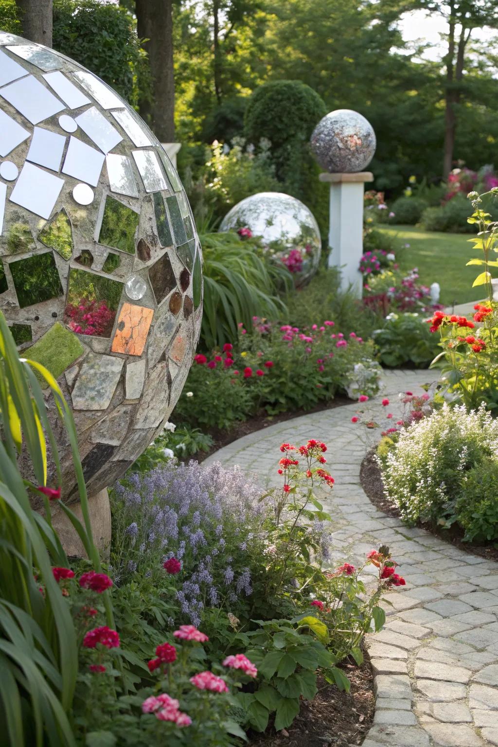 Reflective garden art imparts reflective allure outdoors.