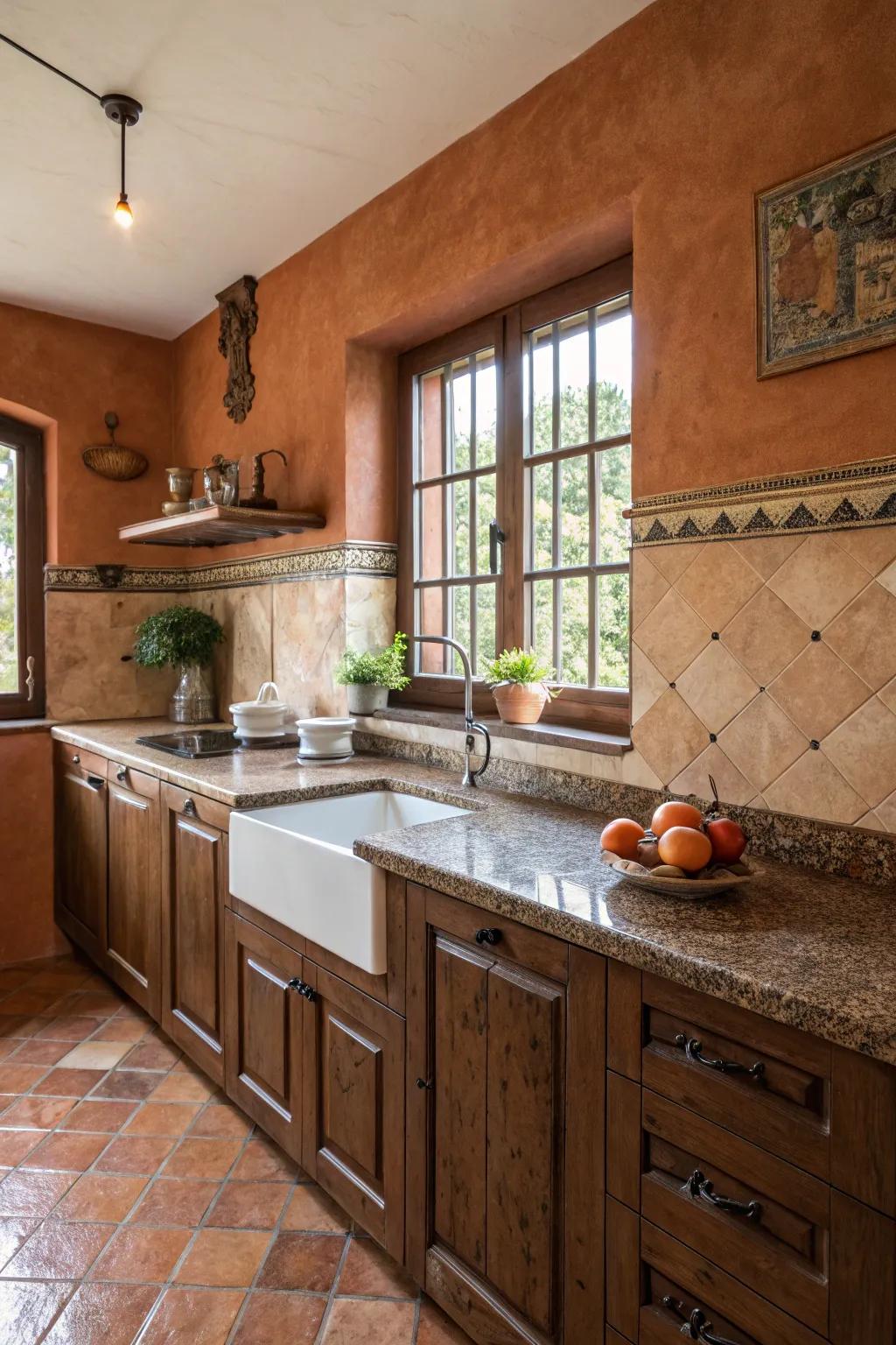 Clay walls evoke warmth and rustic charm with brown granite.