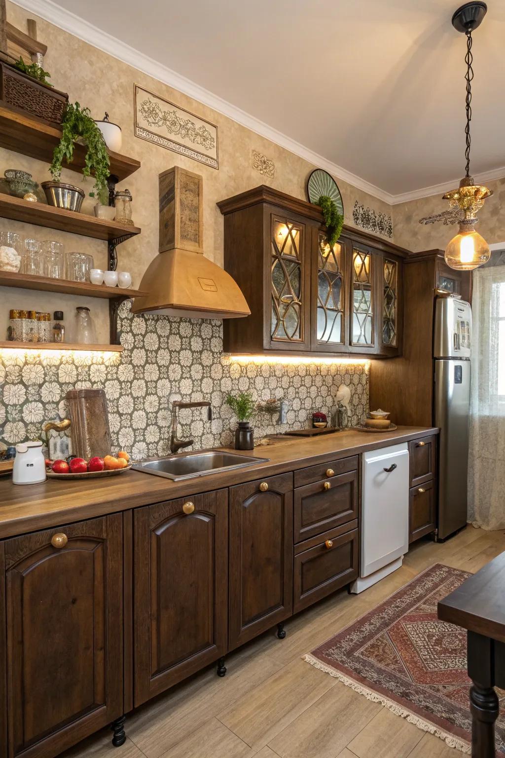 Accept vintage appeal utilizing antique-finished cabinetry.