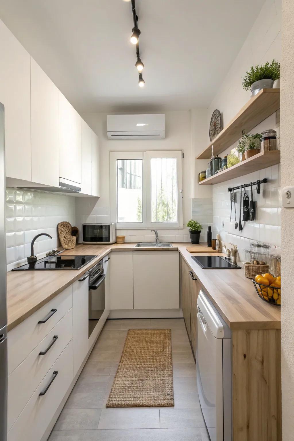 Minimalism creates a clean, open feel in this small cooking area.