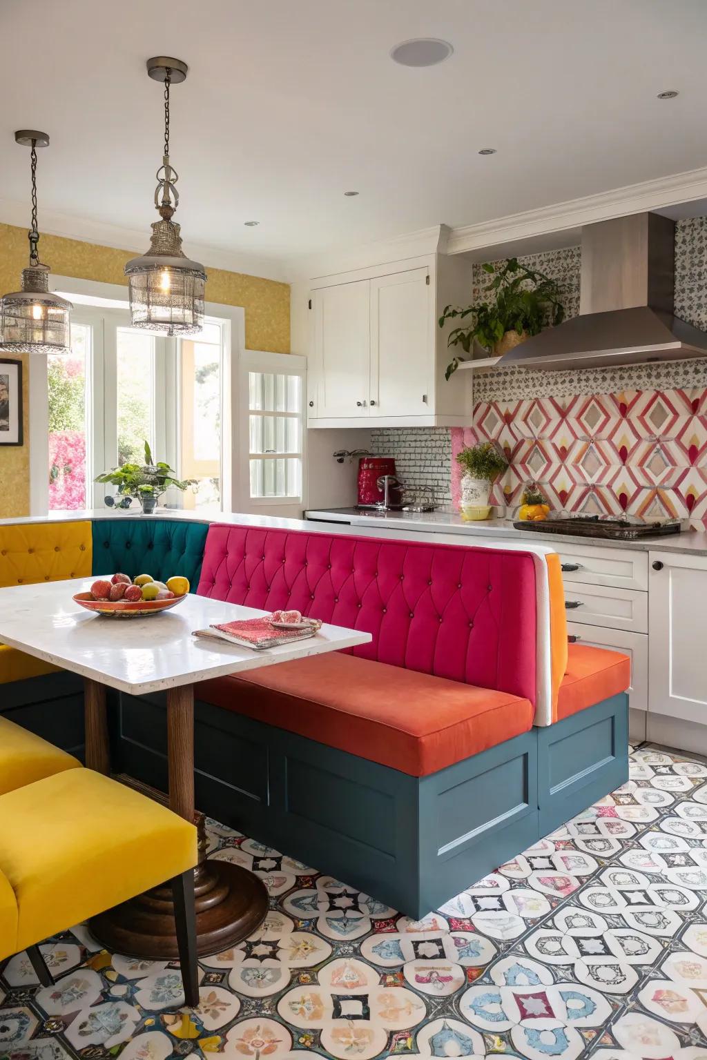 Bright hues on banquette seating for a lively kitchen atmosphere.