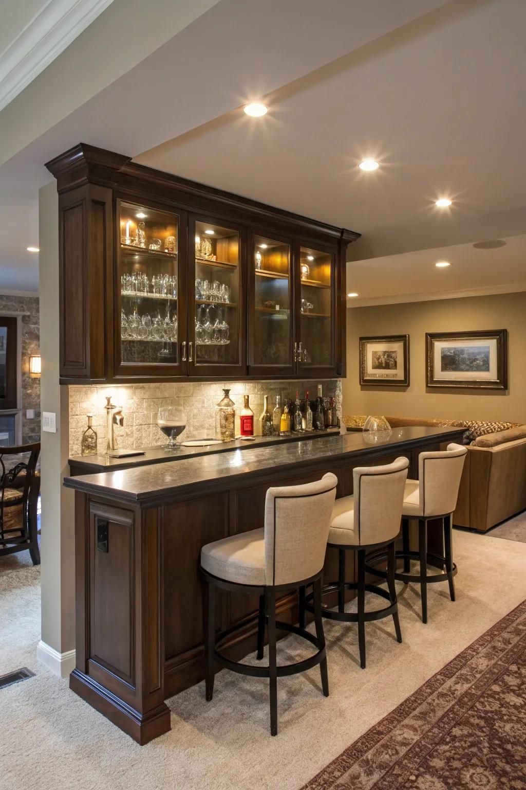 Below-cabinet illumination enhances the atmosphere of this built-in bar.