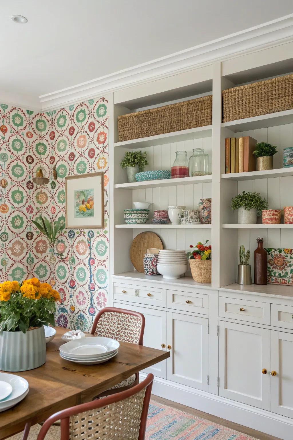 Open shelving enhanced with a decorative wallpaper backdrop for added flair.