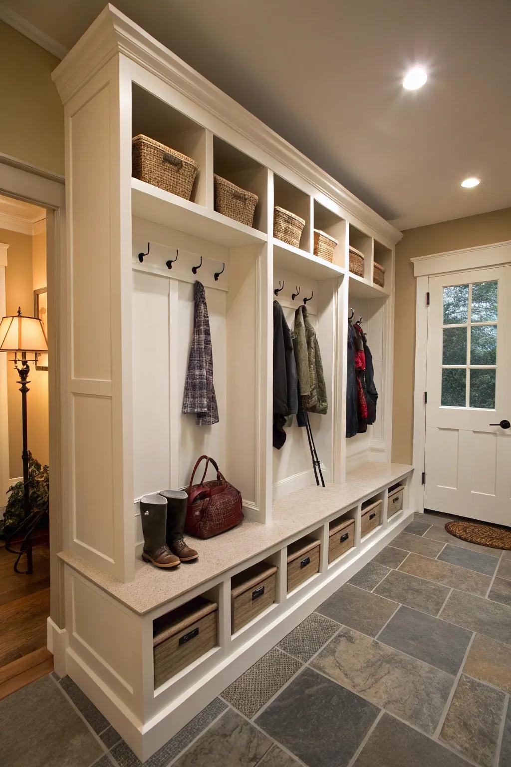 A mudroom enhanced with integrated storage.