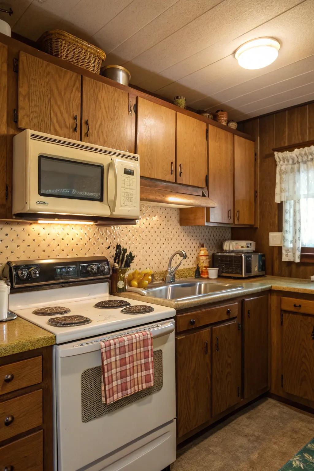 Traditional kitchen setup with a microwave positioned above the range.