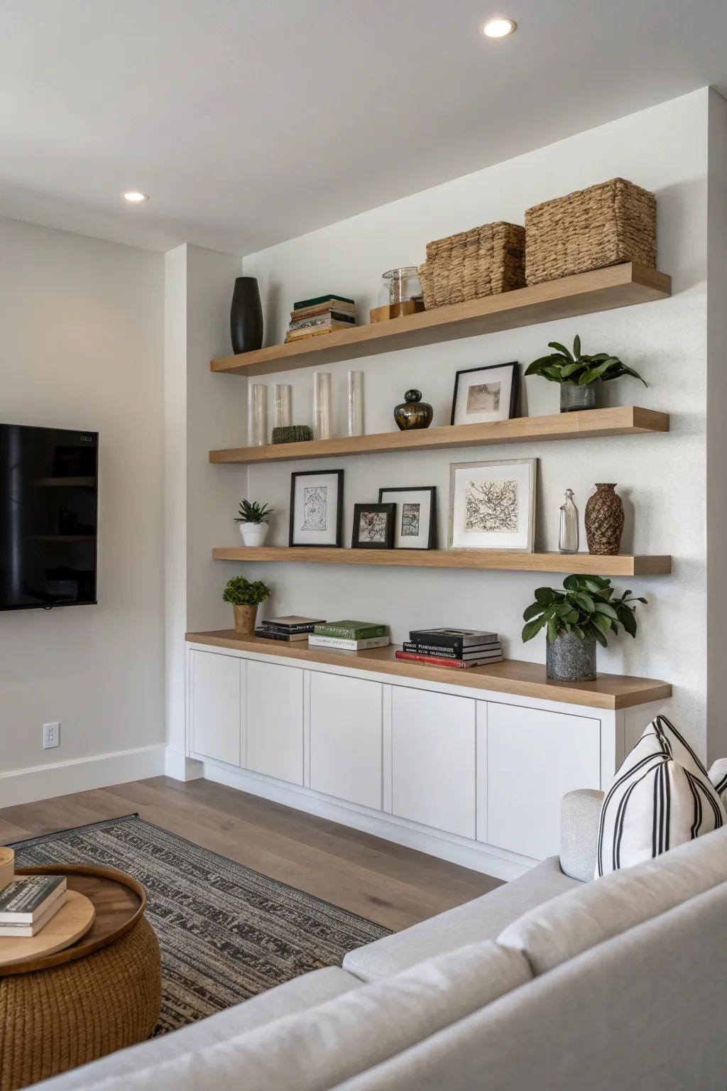 Suspended shelving delivers a streamlined and contemporary design.