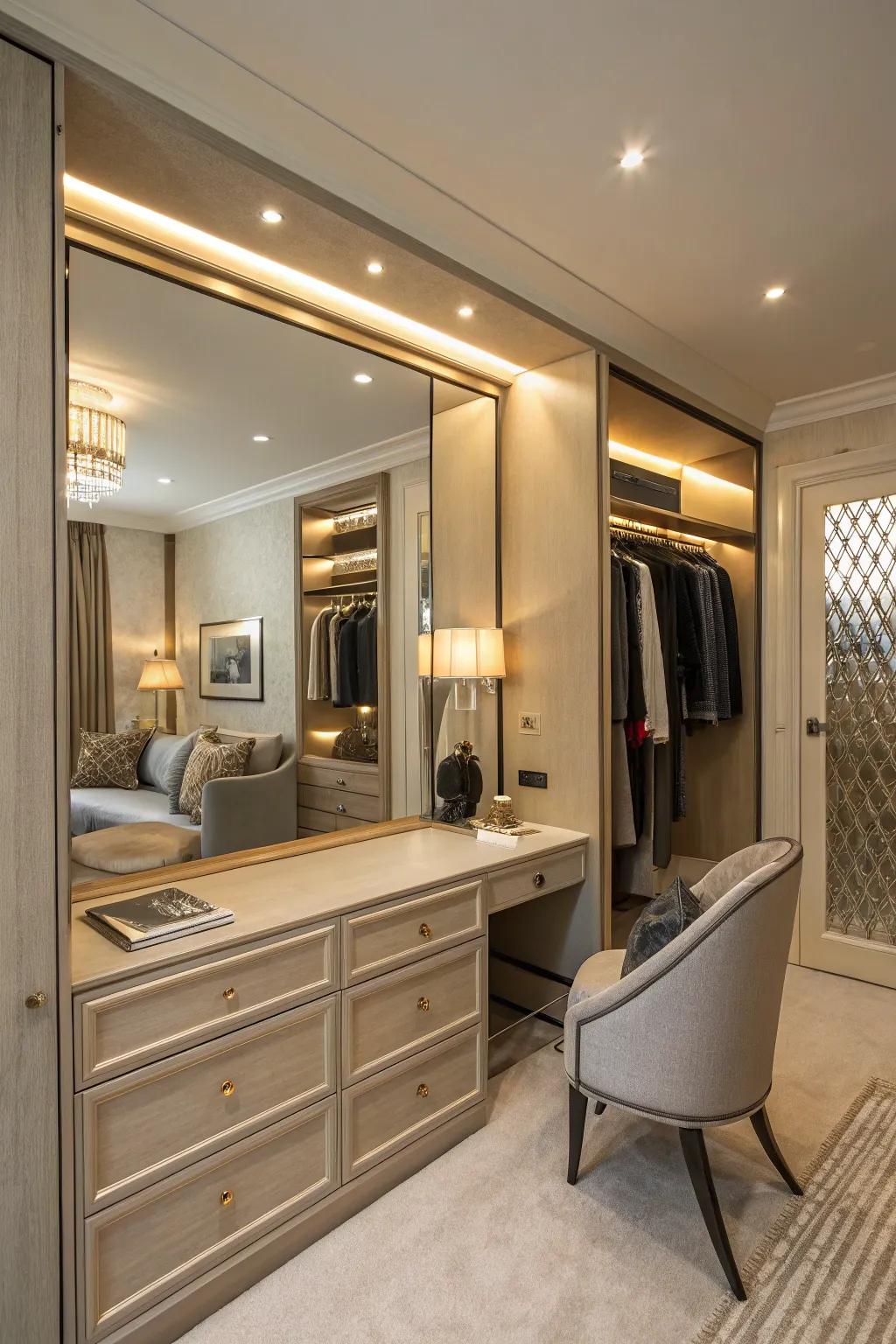 A reflective styling corner infuses a sense of opulence into your wardrobe configuration.