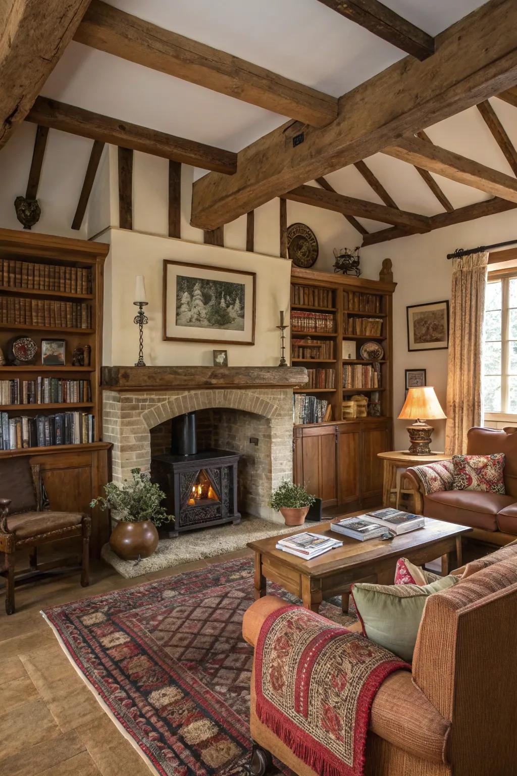 Earthy details add warmth and character to fireplace built-ins.