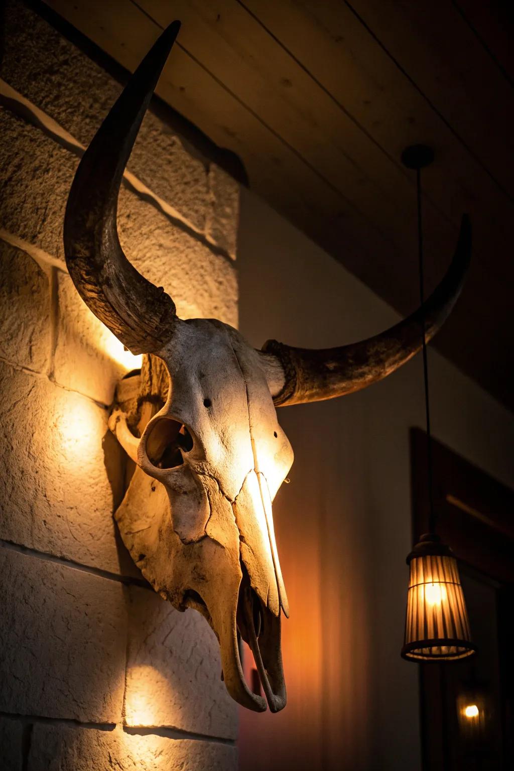 Dramatic backlighting enhancing a cattle skull's attributes.