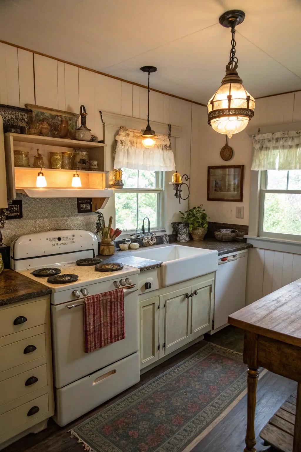 A bungalow cooking area enriched with charming vintage accents.
