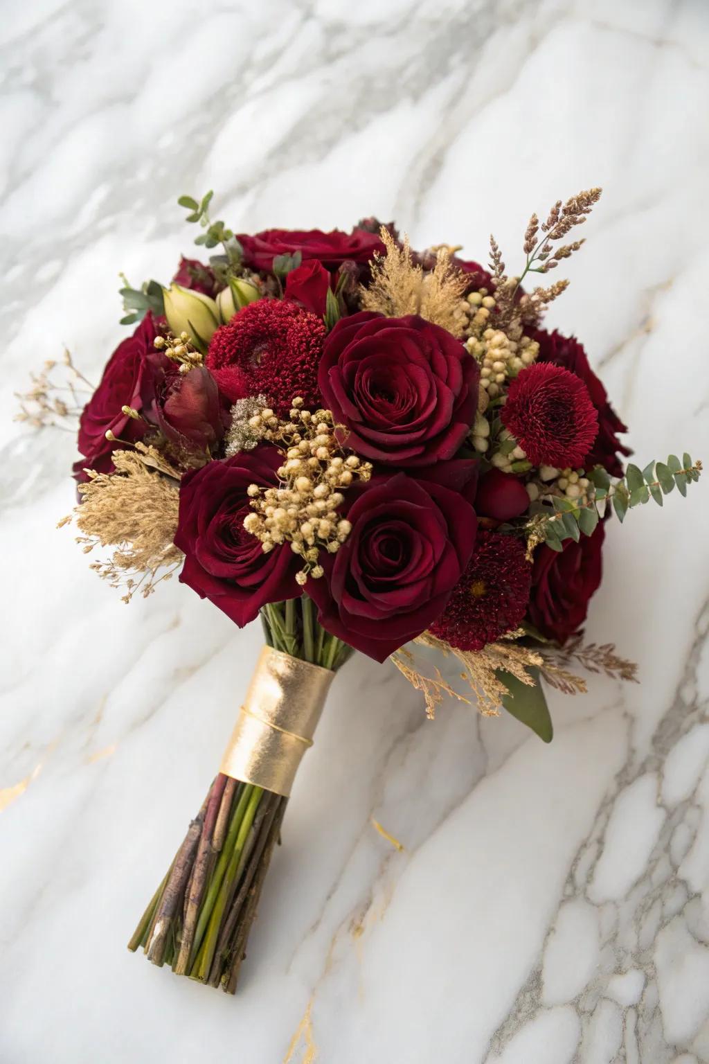 A burgundy bouquet with subtle golden details, exuding luxury.