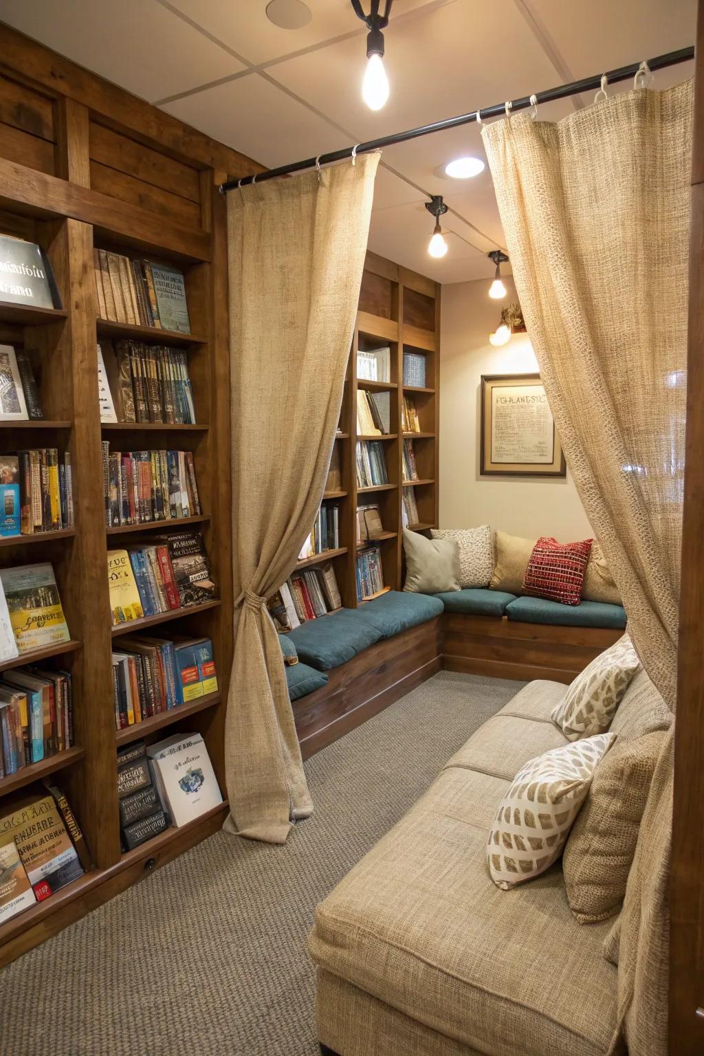 A reading nook made cozy with sackcloth drapes.