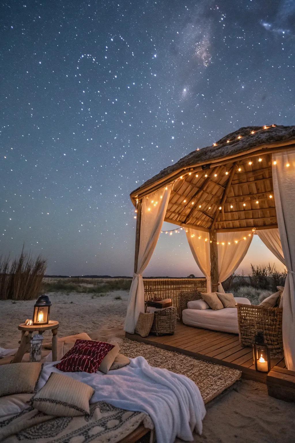 A dreamy cabana arranged for celestial observation beneath the stars.