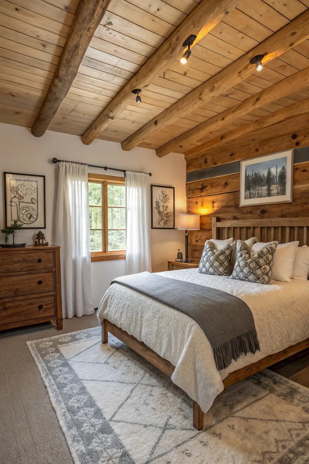 A cabin bedroom blending modern and rustic elements.