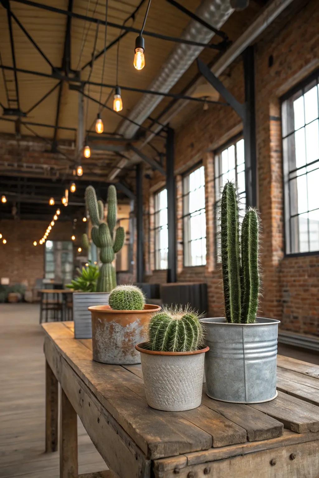 Reclaimed metallic bins impart an industrial flair to your cactus display.
